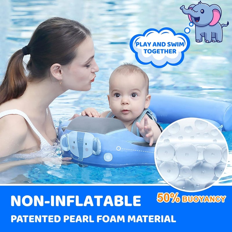 28°C Mambobaby Baby Swim Float with Canopy & Tail Infant Pool Float Non-Inflatable Toddler Swim Float with Skin-Friendly Material for 3-24 Months Baby Boys Grils Elephant Blue - Image 2